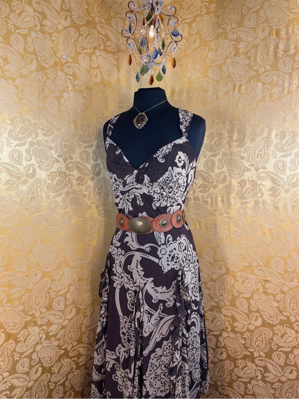 ✨Vintage Y2K Boho Brown & Cream Paisley Ruffle Maxi Dress✨